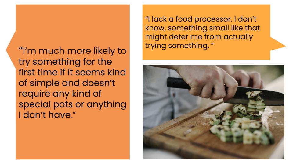 Photo of person chopping vegetables and user quotes: 1. 