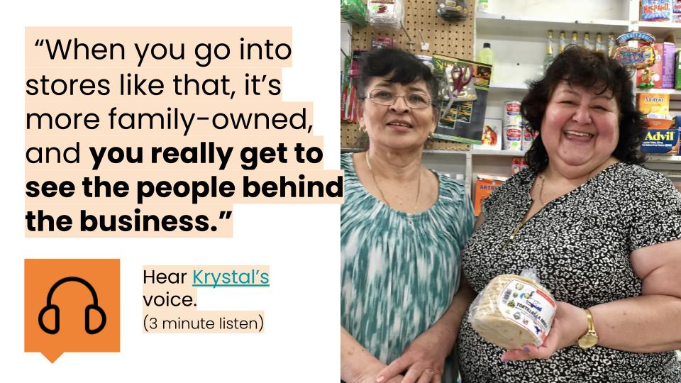 Photo of two ladies in a shop and user quote: 